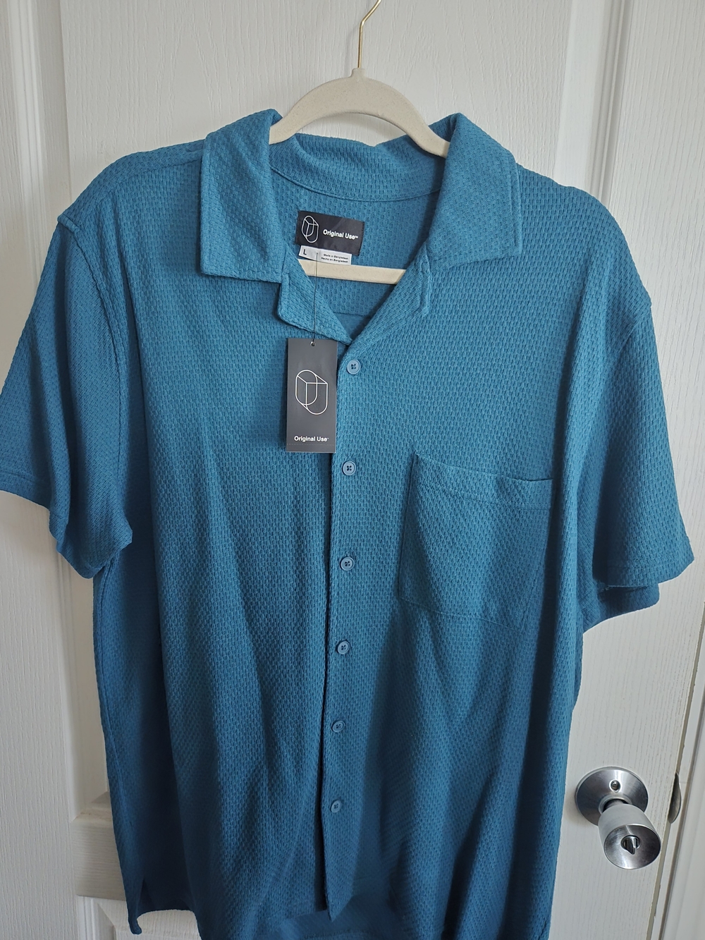 Original Use Teal Short-Sleeve Waffle Knit Button-Down Shirt